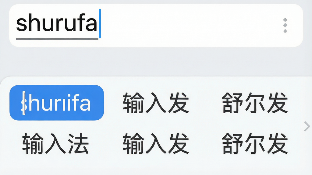 主体:卡饭输入法候选框特写,显示用户输入“shurufa”后智能联想出“输入法”、“输入发”、“舒尔发”等候选词,第一个候选词高亮选中。布局:候选框横跨屏幕下方,上方为输入拼音串,下方为候选词列表。排版:候选词字号适中,当前选中词有蓝色背景突出。风格:界面扁平清晰,浅色背景,文字深灰。细节:拼音串下方有下划线光标,候选词排列整齐。画质:高清渲染,干净无多余元素。