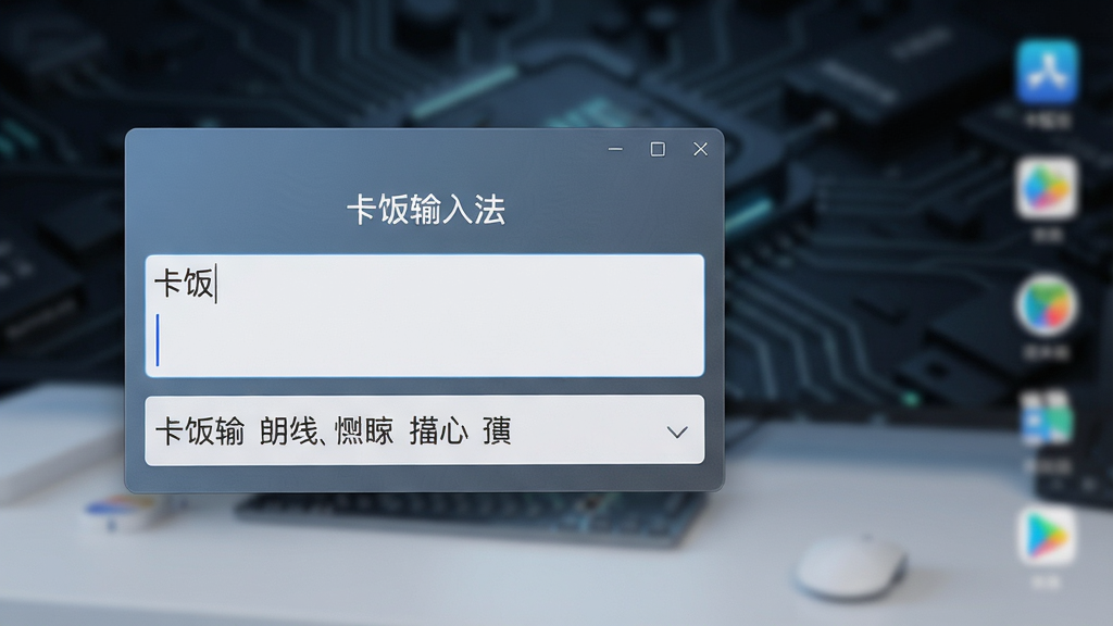 主体:卡饭输入法软件界面悬浮在整洁的现代桌面上,屏幕中显示一个简洁的输入框和候选词条,背景为模糊的深色科技感纹理。布局:输入法界面居中偏左,桌面背景虚化,右侧有少量应用图标虚影。排版:画面干净,输入框上方有“卡饭输入法”品牌字样,下方展示一行中文候选词。风格:扁平化设计搭配柔和光影,整体色调蓝灰渐变,体现专业与科技感。细节:输入法皮肤质感细腻,文字清晰,无多余元素。画质:高清渲染,干净无杂物。