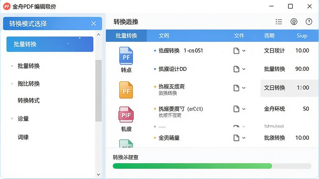 展示金舟PDF编辑器格式转换功能的界面,左侧为转换模式选择列表,右侧为文件列表及转换进度条,界面设计简洁,色彩明快,突出批量转换和格式图标,画质干净,无多余元素。