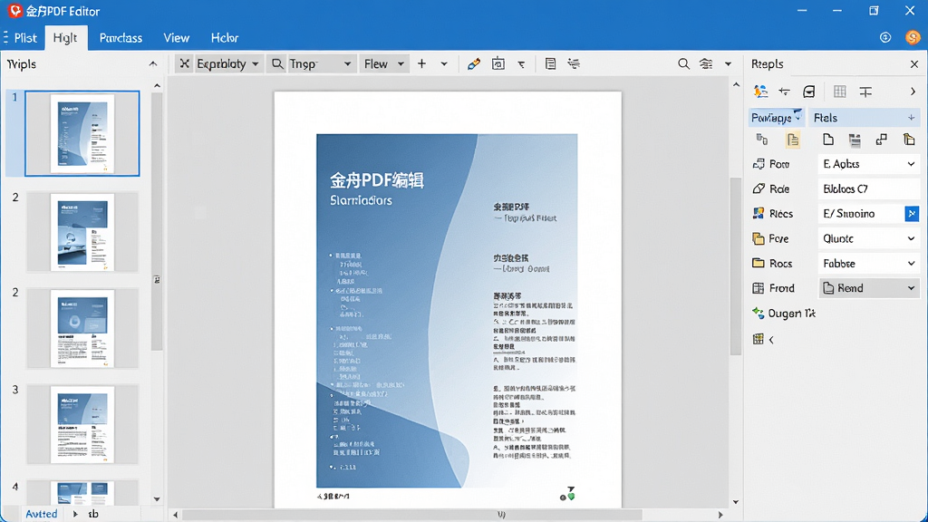 一张展示金舟PDF编辑器主界面的高清截图,界面左侧为页面缩略图栏,中间为文档显示区域,右侧为工具属性面板,整体采用蓝白配色,风格简洁现代,界面文字清晰,画质干净,无多余元素。