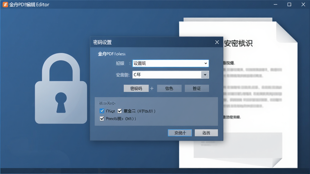 展示金舟PDF编辑器安全加密功能的截图,界面显示密码设置对话框和权限选项勾选框,背景为带锁图标与文档页面,整体风格专业严谨,色调偏冷,画质干净,无多余元素。