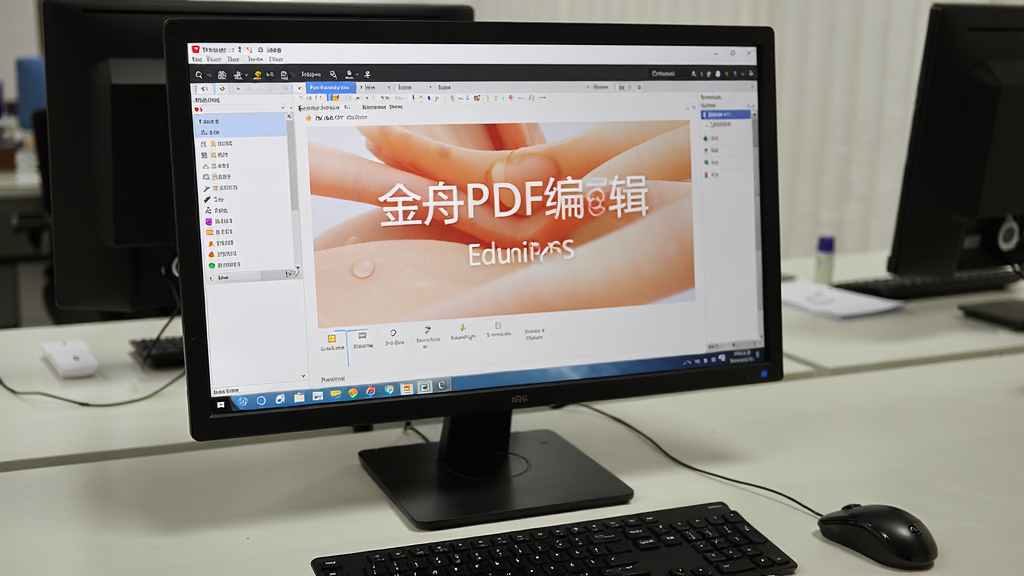 展示金舟PDF编辑器在电脑上运行的实拍图,屏幕显示软件主界面,周围环境为办公桌,有键盘和鼠标,画面真实自然,画质干净,无多余元素。