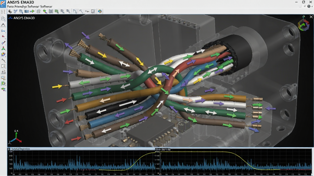 ANSYS EMA3D����������ģ����д�������ͬ��ɫ�ĵ�����3D�ռ��н�֯�����߱����Բ�ɫ��ͷ��ʾ�������򣬱���Ϊ��͸���ĵ����豸��ǣ�����ײ��в���ͼ��ʾ����ʱ�����ߣ����廭������ֱ�ۡ�