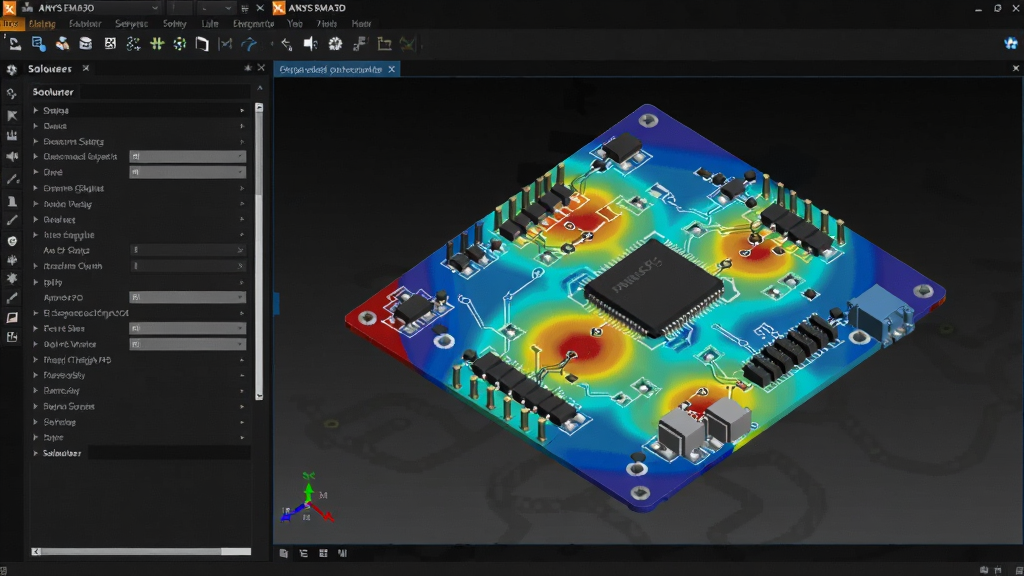 һ��ANSYS EMA3D�������н�ͼ�������ʾ�����������壬�Ҳ�3D��ͼ��չʾ��һ��PCB��ĵ�ų�����ͼ����������ɫ��������ʾ��ǿ�ֲ������������ɫ���⣬���廭��ɾ��ҿƼ���ǿ��