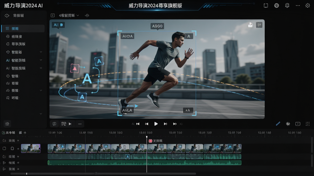展示威力导演2024尊享旗舰版AI智能剪辑功能操作的界面截图,画面中央是一个被追踪框选中的奔跑人物,周围有半透明的AI识别标记和运动轨迹线,时间线区域自动生成了多个标记片段,界面风格科技感十足,布局清晰,细节精致,画质干净,无多余元素