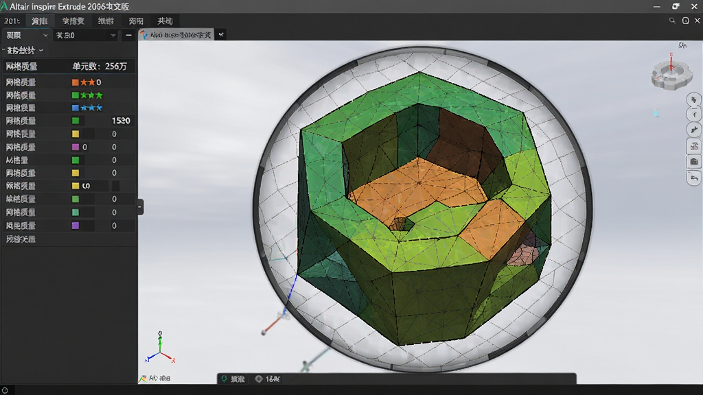 ����Ϊ��Altair Inspire Extrude 2026���İ桱���񻮷ֽ��棬������ʾģ����ǻ������������ֲ��Ŵ���ͼ����ͬ��ɫ�������������ȼ������Ϊ����ͳ����壬����Ϊ�����ҽṹ�����Ϊ���̿��ӻ�дʵ���ϸ�ڰ������ı�ע����������������Ԫ��: 256�򡱣����ʾ�ϸ�ɾ��޶���Ԫ�ء�