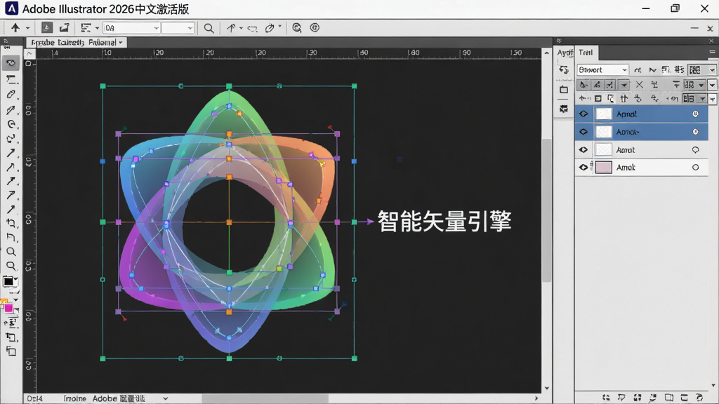 主体:Adobe Illustrator 2026中文激活版软件界面,显示一个由复杂路径构成的彩色几何图形,旁边有“智能矢量引擎”文字标注;布局:左侧为图形编辑区,右侧为图层面板;排版:清晰展示矢量路径的锚点和控制柄;风格:科技感,界面明亮;细节:图形边缘平滑,颜色渐变自然;画质:高清,干净无多余元素。