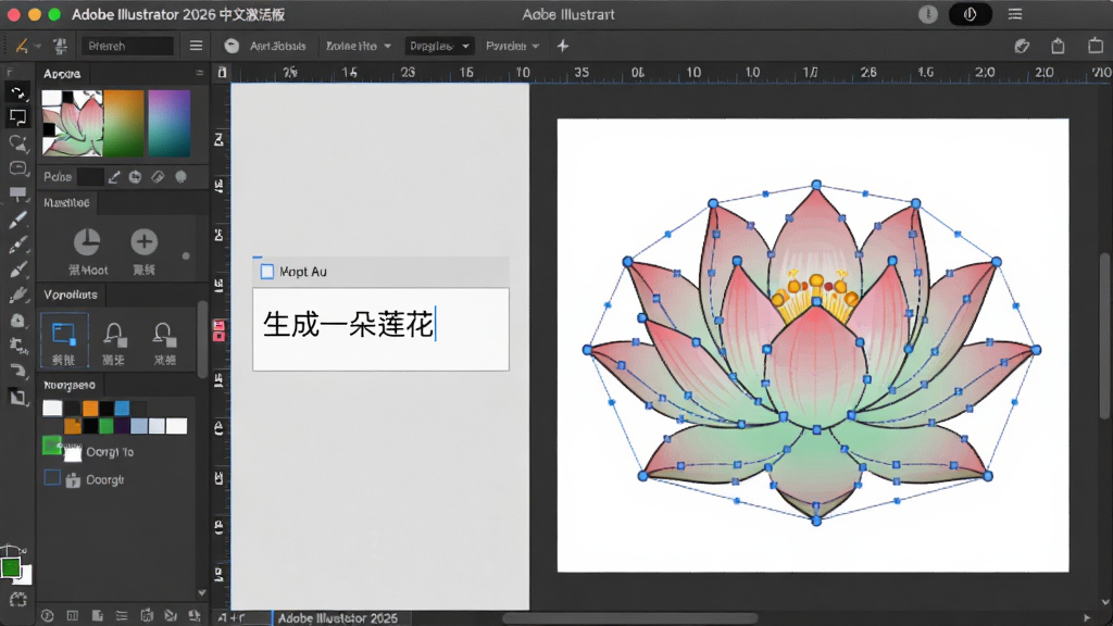 主体:Adobe Illustrator 2026中文激活版界面,展示AI辅助设计功能,输入框内文字“生成一朵莲花”,右侧自动生成矢量莲花图形;布局:左侧为操作面板,右侧为生成结果预览;排版:界面分区明确,提示清晰;风格:现代简约,科技感强;细节:生成图形带有平滑的锚点路径;画质:超清,干净无多余元素。