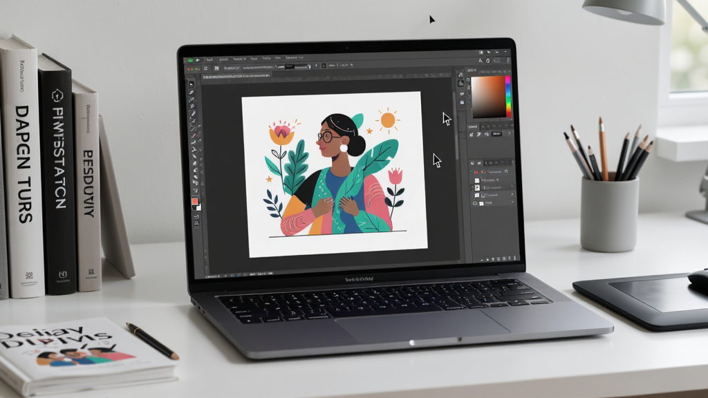 主体:一台笔记本电脑上运行Adobe Illustrator 2026中文激活版,屏幕显示矢量插画作品,鼠标指针悬停在工具栏;布局:电脑位于画面中央,环境为简洁工作台,周围有设计书籍和手绘板;排版:画面平衡,电脑屏幕清晰;风格:写实摄影风格,柔和光线;细节:屏幕内容可辨识,桌面干净;画质:高清,干净无多余元素。