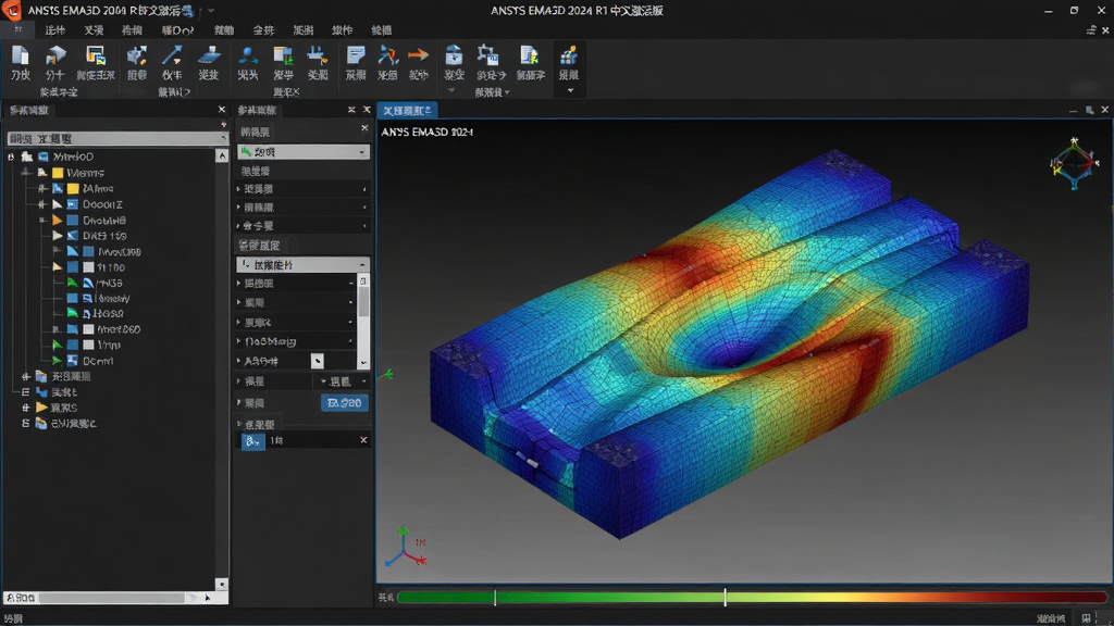 ���壺ANSYS EMA3D 2024 R1���ļ�������������ͼ��չʾ��ά��ų�����ģ�����ɫ��ͼ�ֲ������֣����Ϊģ���������������壬�Ҳ�Ϊ3D��ͼ���ڣ��ײ���ʾ������������Ű棺�������������ܷ�����ȷ�����Ĳ˵����ɼ������רҵ�������������ɫ�������������ݿ��ӻ���ϸ�ڣ���ͼ��ɫ�������콥�䣬ģ������ϸ�壬������ͼ�����������ʣ������壬ϸ�ڷḻ���ɾ��޶���Ԫ�ء�