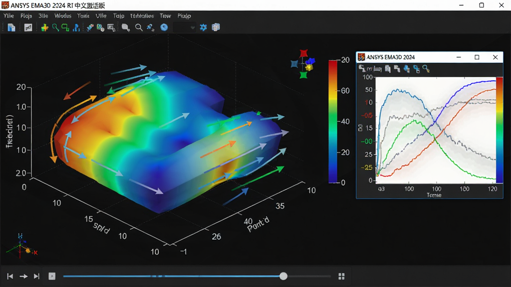 ���壺ANSYS EMA3D 2024 R1���ļ����������棬��ʾ��ά���ֲ���ͼ����̬���������������֣�����ͼΪ��ɫ��ͼ���Ҳม��������ʾ�������ݣ��ײ�Ϊʱ������������Ű棺ͼ����3D��ͼ�������������ע��������񣺿��п��ӻ����ɫ�����ޣ�������ɫ��ϸ�ڣ���ͼ��ɫ����ƽ�������߼�ͷ�����ɼ���ʱ������϶������ʣ������壬רҵ��Ⱦ���ɾ��޶���Ԫ�ء�
