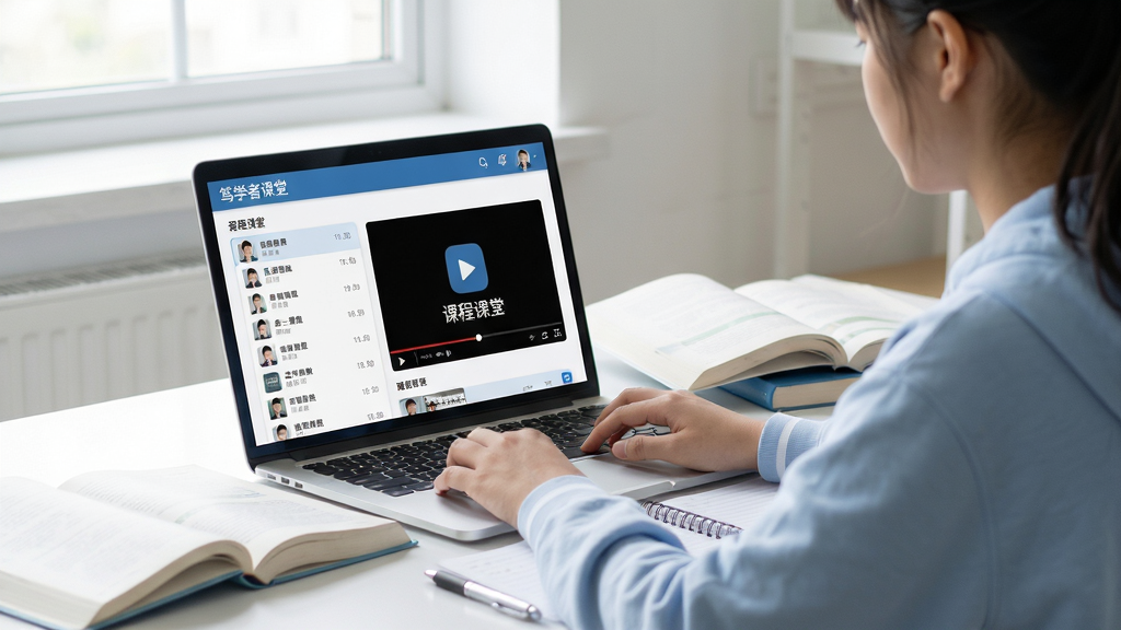 场景展示:一位学生正在使用笔记本电脑观看“笃学者课堂”课程,界面清晰显示课程列表与播放窗口,周围摆放课本与笔记,整体明亮整洁,现代教育风格,主体突出,布局合理,排版清爽,细节丰富,画质高清,干净无多余元素