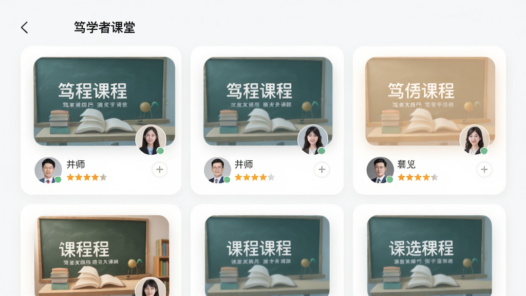 展示“笃学者课堂”APP内名师课程列表页,包含课程封面、讲师头像与评分,界面采用卡片式布局,色彩柔和,排版规整,风格简约现代,细节清晰,画质高清,干净无多余元素