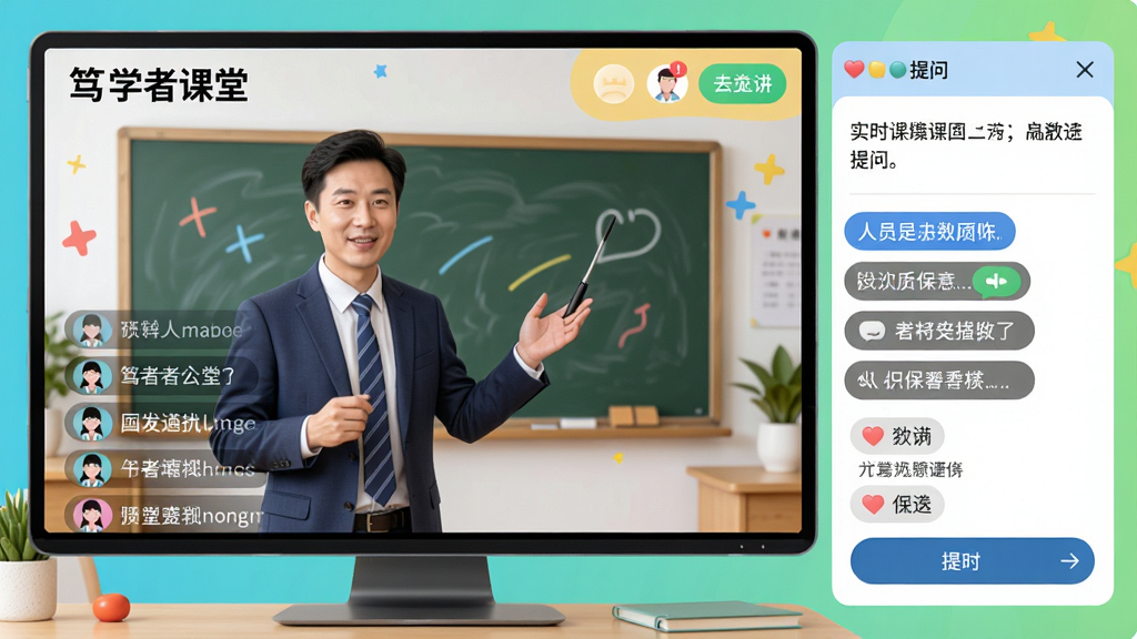 展示“笃学者课堂”直播课堂场景,屏幕中老师正在讲课,右侧有实时聊天与提问区域,学生可通过弹幕互动,界面活泼,色彩明亮,布局合理,细节丰富,画质高清,干净无多余元素