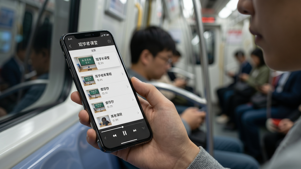 展示“笃学者课堂”使用场景:用户正在地铁上使用手机观看离线课程,界面显示缓存列表与播放进度,背景虚化,主体突出,布局自然,排版简洁,风格写实,细节丰富,画质高清,干净无多余元素