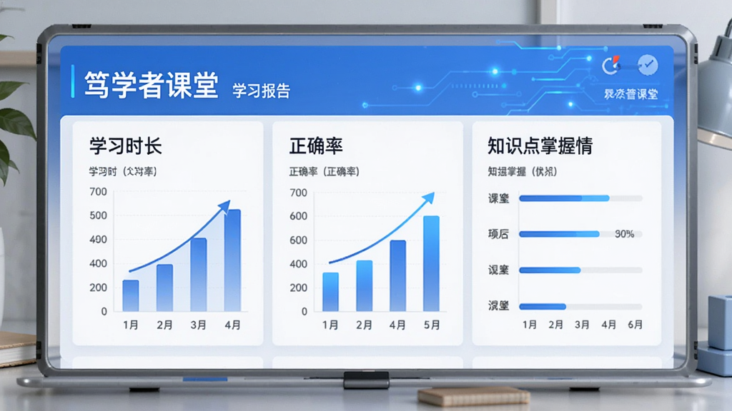 展示“笃学者课堂”学习报告页面,以图表形式展示学习时长、正确率与知识点掌握情况,界面简洁,数据可视化,蓝色主调,排版清晰,风格科技感,细节丰富,画质高清,干净无多余元素