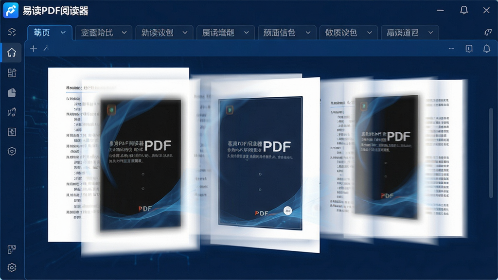 一张动态截图风格图片,主体是“易读PDF阅读器”界面快速打开多个PDF标签页,页面快速切换留下残影效果,排版整齐,标签栏在顶部,主区域显示不同文档内容,风格科技感,蓝色调,细节清晰,画质干净,无多余元素