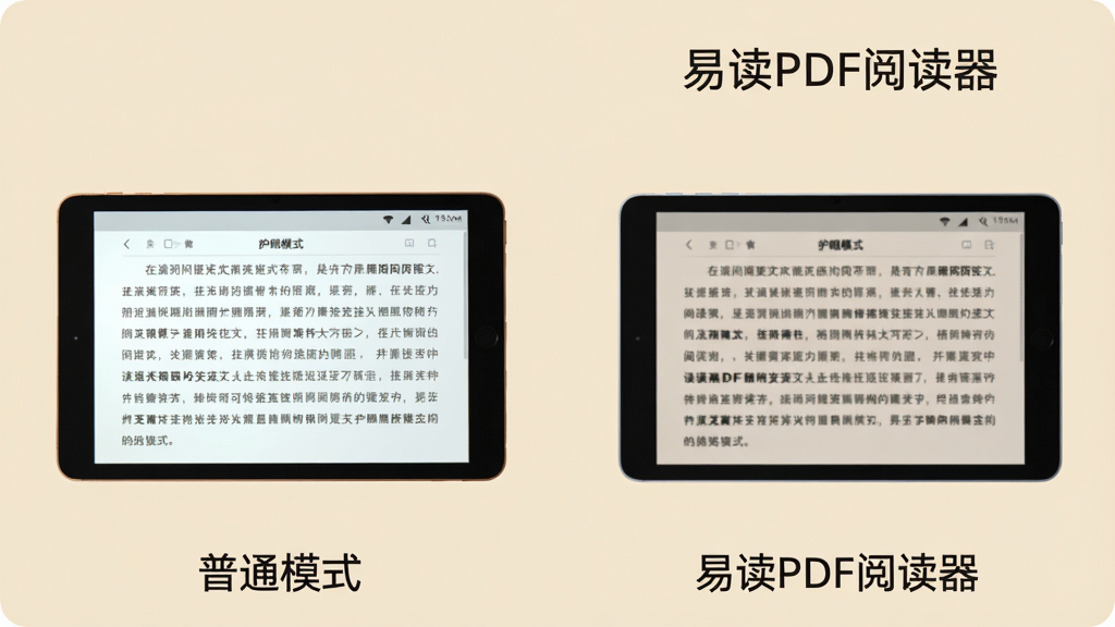 一张对比图,左侧普通模式屏幕刺眼,右侧“易读PDF阅读器”护眼模式屏幕柔和,背景为米黄色,主体是阅读界面,排版左右对称,风格温馨,细节清晰,画质干净,无多余元素