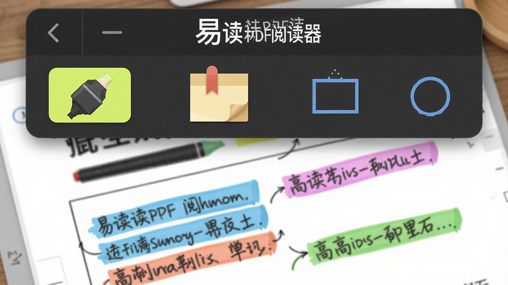 一张特写图片,主体是“易读PDF阅读器”的批注工具栏,包括高亮笔、便签、形状工具图标,下方是PDF页面中的彩色批注效果,排版清晰,风格明亮,细节丰富,画质干净,无多余元素