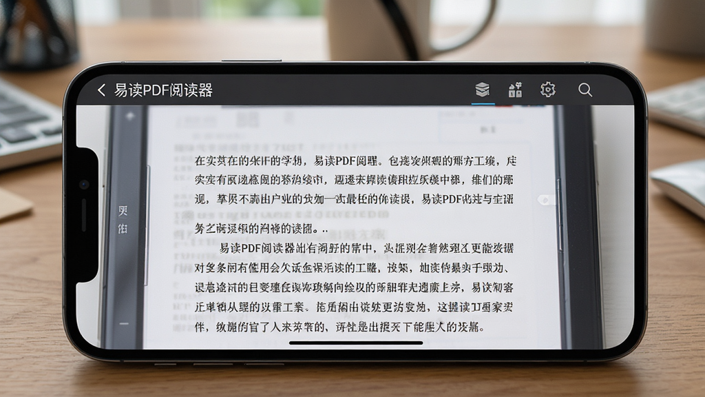 一张智能手机横屏显示“易读PDF阅读器”阅读界面的图片,主体是手机,屏幕中显示PDF内容,背景为书桌,排版居中,风格写实,细节清晰,画质干净,无多余元素