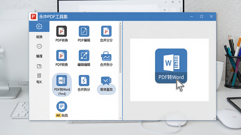 ���壺����PDF���߼����������棬չʾPDFת�����༭���ϲ���ֵȺ��Ĺ���ͼ�ꣻ���֣�����������У���๦���б����Ҳ�Ԥ����������Ϊǳ��ɫ�칫���棻�Ű棺����ͼ�������״���У���������������񣺱�ƽ����ƣ���ɫ���ɫΪ��ɫ����ϸ�ڣ���Ļ����ʾ������PDF���߼���LOGO�����ָ����ͣ�ڡ�PDFתWord����ť�ϣ����ʣ�4K���壬�ɾ����޶���Ԫ��