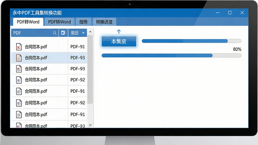 ���壺����PDF���߼�ת�����ܽ��棬����г�PDF�ļ��б����Ҳ���ʾת�������������֣������Ϊ������������խ�ҿ���ת����ť������ʾ���Ű棺�ļ��б��Ա�����ʽ���У������������ɼ�����������Լ��������ɫ��ϸ�ڣ���Ļ����ʾ��PDFתWord��ѡ����ļ���Ϊ����ͬ����.pdf�����������Ѽ���80%�����ʣ����壬�ɾ����޶���Ԫ��