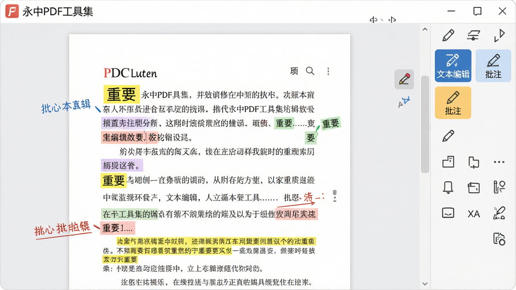 ���壺����PDF���߼��༭���棬չʾ�ı��޸ĺ���ע���������֣�ҳ��������ʾPDF�ĵ����Ҳ๤����������ע���ߣ��Ű棺�ĵ�ҳ����������ע����Բ�ɫͼ����֣���񣺼��רҵ��ǳɫ������ϸ�ڣ��������и������ı��༭���͡���ע��ͼ�꣬�ĵ��г��֡���Ҫ����ɫ������ǣ����ʣ����壬�ɾ����޶���Ԫ��