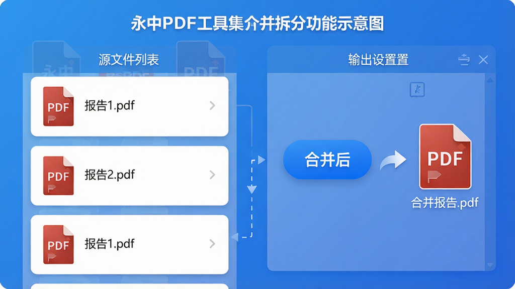 ���壺����PDF���߼��ϲ���ֹ���ʾ��ͼ��չʾ���PDF�ļ��ϲ�Ϊһ���ļ������֣����ΪԴ�ļ��б����Ҳ�Ϊ������������Ű棺�ļ��б��Կ�Ƭ��ʽ���֣��ϲ���ť��Ŀ����񣺱�ƽ������ɫ���䱳����ϸ�ڣ���ʾ�ļ���������1.pdf��������2.pdf�����ϲ������ɡ��ϲ�����.pdf�������ʣ����壬�ɾ����޶���Ԫ��