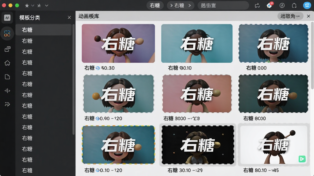 展示右糖软件中动画模板库的界面截图,左侧为模板分类列表,右侧为模板缩略图网格,缩略图上带有“右糖”字样,整体风格清新,排版整齐,画质清晰