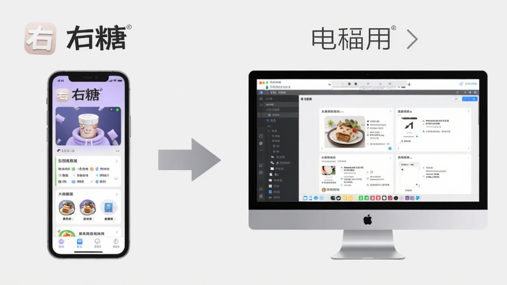 一张展示右糖软件在手机和电脑上使用的对比图,左侧是手机界面,右侧是电脑界面,中间有箭头连接,背景为浅灰色,整体风格简洁,画质干净,图片文字标注“右糖”