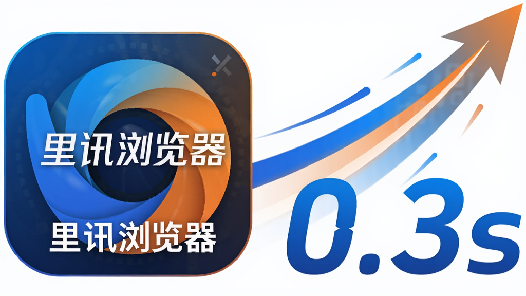 主体:里讯浏览器的极速渲染引擎图标与速度线条组合,布局:引擎图标位于画面左侧,右侧是向上冲刺的速度线条和数字“0.3s”字样;排版:左右分区明确,图标与文字大小对比强烈;风格:科技感插画,蓝色与橙色渐变,细节:图标上有“里讯浏览器”字样,画质:超清,干净,无多余元素