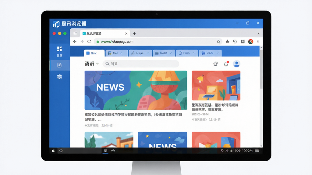 主体:里讯浏览器主界面在电脑屏幕上的展示,布局:浏览器窗口占据画面中心,顶部有地址栏和标签页,中间显示一个色彩丰富的新闻资讯页面,底部为状态栏;排版:界面元素排列整齐,地址栏突出显示,标签页清晰可见;风格:现代简约的UI设计风格,整体色调以蓝白为主,扁平化图标,细节:屏幕上有“里讯浏览器”字样和Logo,画质:超清画质,干净,无多余元素