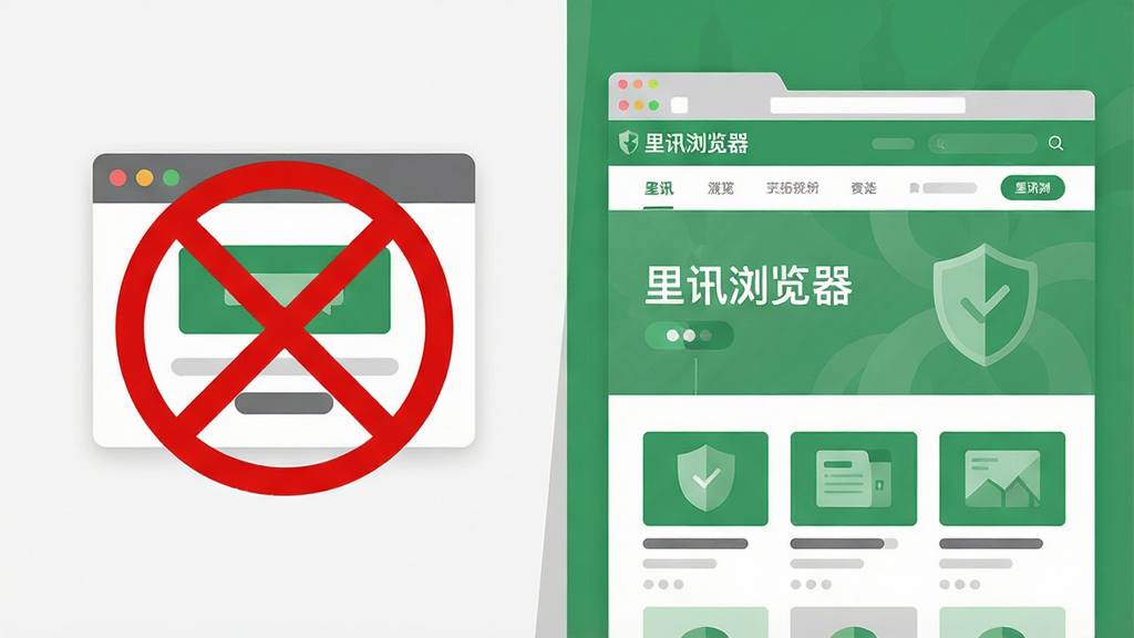 主体:里讯浏览器智能广告拦截功能示意图,布局:左侧是一个被拦截的广告弹窗图标,打上红色禁止符号,右侧是干净整洁的网页内容;排版:对比式布局,左右内容形成鲜明反差;风格:扁平化插画,绿色与灰色色调,细节:网页上有“里讯浏览器”字样,画质:超清,干净,无多余元素