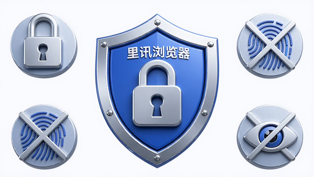 主体:里讯浏览器隐私安全防护盾牌图标与锁形图案,布局:盾牌位于画面中央,周围环绕着锁、指纹和眼睛被划掉的图标;排版:中心对称式布局,辅助图标均匀分布在四周;风格:科技感3D渲染,蓝色与银色色调,细节:盾牌上有“里讯浏览器”字样,画质:超清,干净,无多余元素
