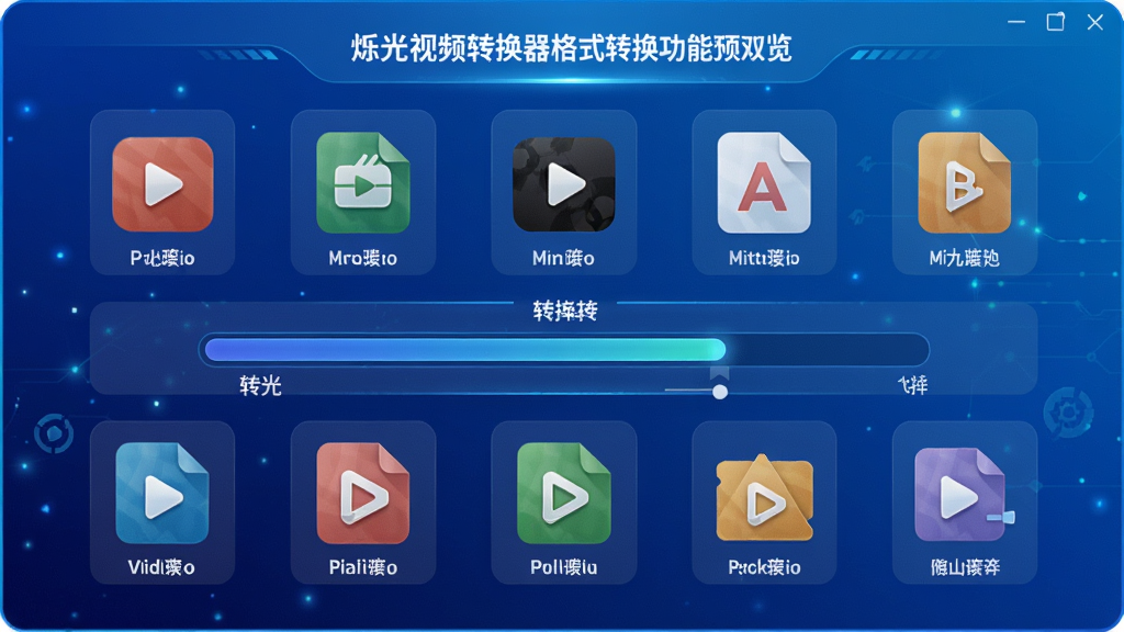 烁光视频转换器格式转换功能界面预览图,展示多种视频格式图标排列,中间有转换进度条,背景为渐变蓝色,科技感风格,细节丰富,画质高清,干净无多余元素