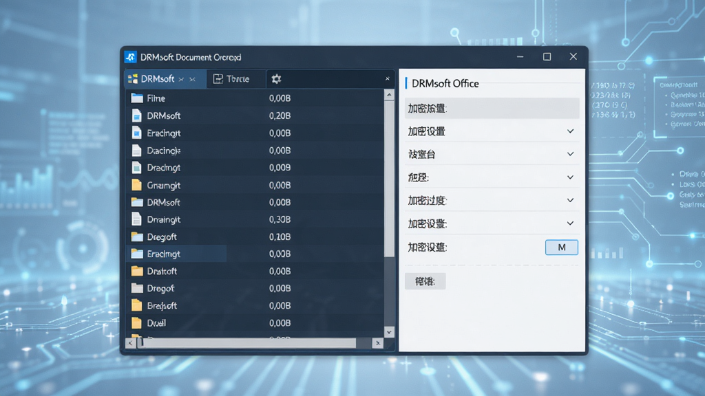 画面中央展示DRMsoft Office文档加密工具的主界面,界面简洁大方,左侧有文件列表,右侧为加密设置选项,背景为淡蓝色科技感氛围,整体风格专业且现代,细节清晰,画质干净,无多余元素