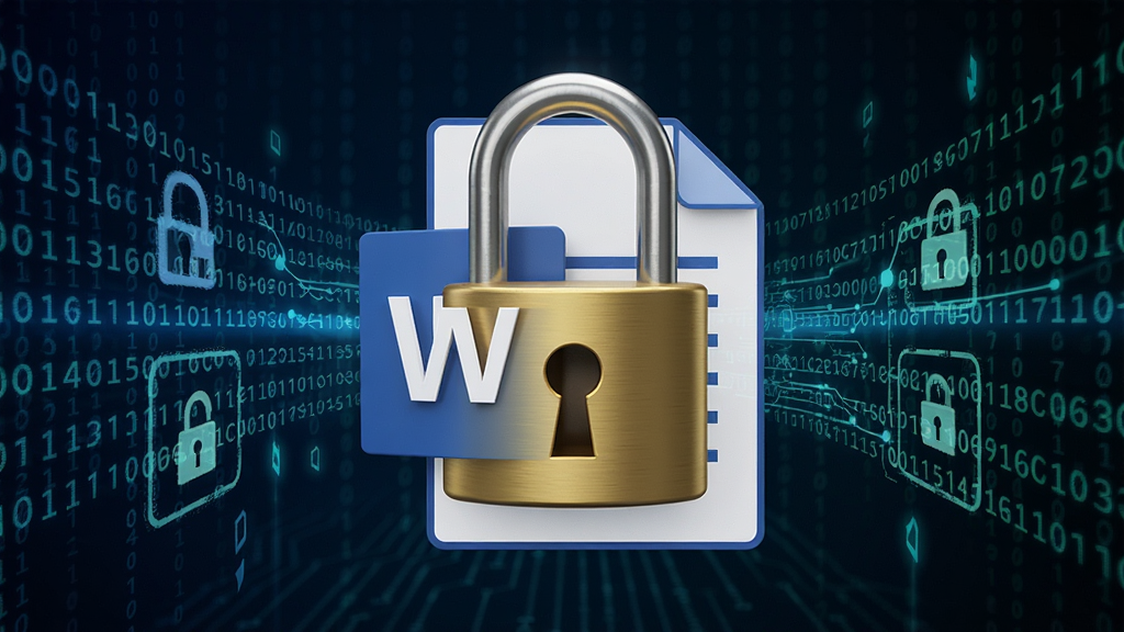 图像展示DRMsoft Office文档加密工具的加密过程,一把金色大锁覆盖在Word文档图标上,背景有数字代码流动,象征高强度加密,画面主体突出,布局均衡,风格科技感强,细节丰富,画质清晰干净