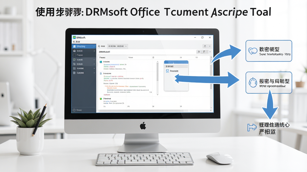 展示DRMsoft Office文档加密工具的使用步骤图,电脑屏幕上有软件界面,旁边有箭头指示操作流程,整体风格简洁明了,主体突出,布局清晰,细节丰富,画质干净