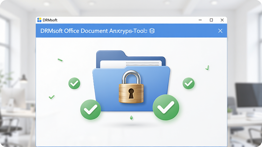 图片中心展示DRMsoft Office文档加密工具的解密界面,一个文件夹图标上带有解锁的挂锁,周围有绿色对勾标识,背景简洁明亮,整体风格清爽,布局居中,细节到位,画质干净无杂物
