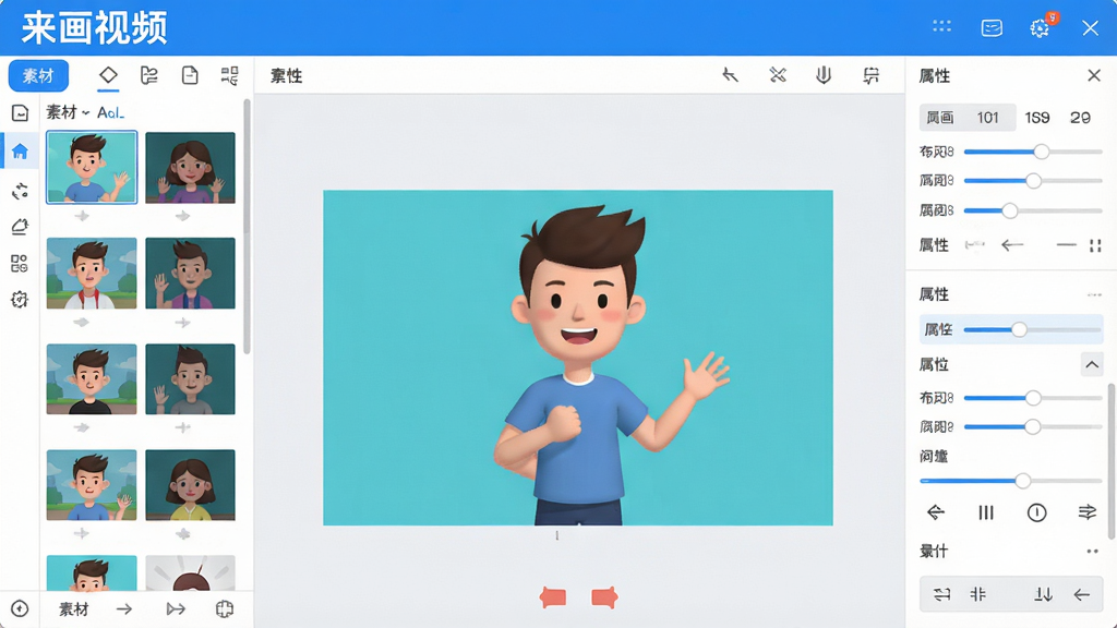 一张展示来画视频软件主界面的高清截图,画面中包含左侧素材库面板、中央画布编辑区、右侧属性调节栏,整体布局清晰,UI风格现代简约,以蓝白为主色调,画布上有一个正在制作的卡通人物动画,软件名称“来画视频”醒目地显示在左上角,画质干净,无多余元素