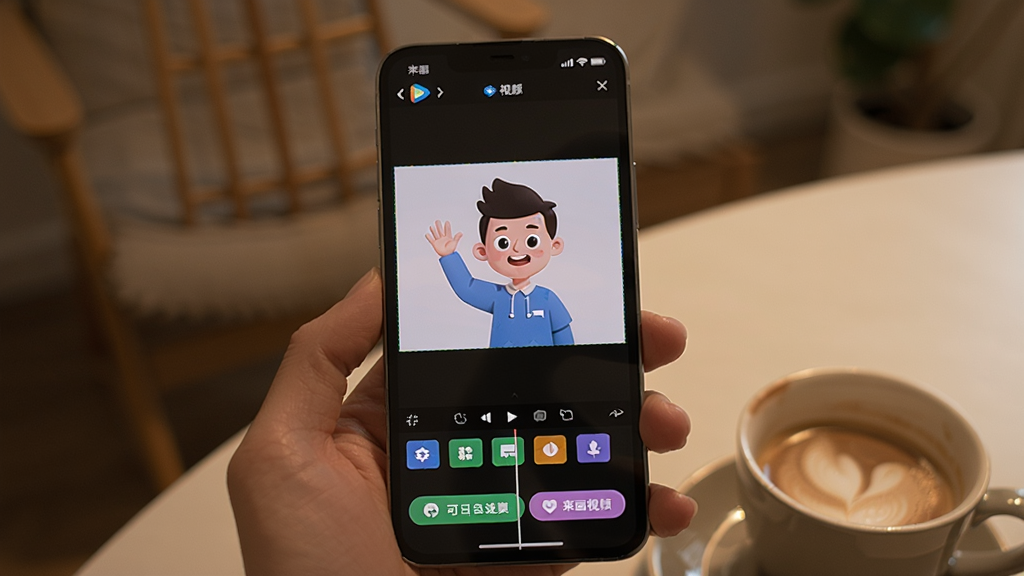 一张展示来画视频在手机上编辑动画的实拍照片,手机屏幕中显示来画视频的编辑界面,画布上有一个卡通人物正在挥手,下方有多个功能按钮,背景为温馨的室内环境,手机旁边放着一杯咖啡,照片清晰自然,画质干净,无多余元素