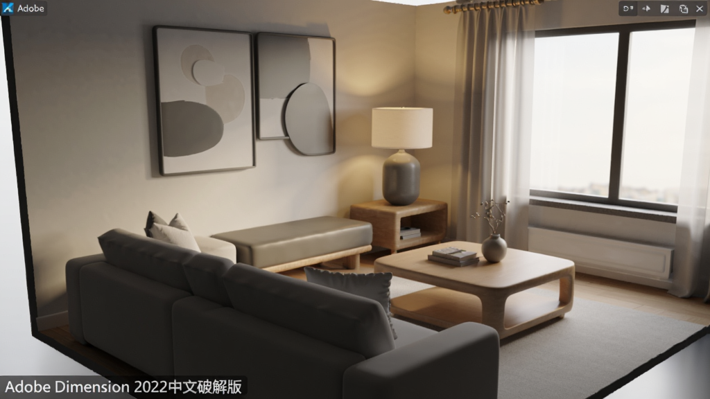 ���壺Adobe Dimension 2022�����ƽ��������һ�����ڴ��3D���ڳ���������ɳ�����ƾߡ��輸��ǽ��װ�Ρ����֣���������͸���ӽǣ�ǰ��Ϊɳ�����о�Ϊ�輸�͵ƾߣ�����Ϊǽ�ںʹ�������������Ȼ�����롣�Ű棺���湹ͼƽ�⣬����ֲ��������£��������������ɼ�������ִ���Լ�����ȾЧ�����棬��Ӱ��Ȼ��ϸ�ڣ�������ÿ�������ԵԲ�󣬲��ʷ����������Ч�����ԣ��������½���ʾ��Adobe Dimension 2022�����ƽ�桱���������ʣ�4K�ֱ��ʣ��ɾ�����㣬�޶���Ԫ�ء�