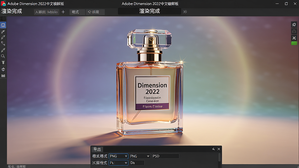 ���壺Adobe Dimension 2022�����ƽ����Ⱦ������棬չʾһ������Ⱦ��ɵĲ�Ʒ����ͼ������Ϊ����ɫ����ƷΪ��ˮƿ�����֣�������������ˮƿ��ƿ�������Ÿ߹⣬�·���ͶӰ����������͵ı������Ρ��Ű棺��ͼ���У�ƿ��ռ�ݻ�����Ҫλ�ã��·��е���������壬��ʾ��ʽѡ��PNG��PSD�ȡ������ҵ�����Ӱ��񣬹�Ӱ�ʸ�ϸ�塣ϸ�ڣ���ˮƿ�Ĳ������ʺ�Һ����ɫͨ͸����ǩ���������ɼ������涥����ʾ��Adobe Dimension 2022�����ƽ�桱�͡���Ⱦ��ɡ���ʾ�����ʣ������壬ɫ�ʱ������޶���Ԫ�ء�