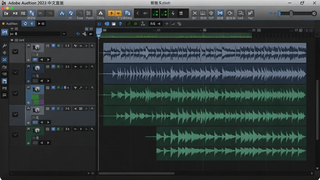 画面主体为Adobe Audition 2023中文直装版软件界面,展示多轨编辑视图,深色专业布局,中央波形清晰可见,界面字体为中文,整体风格专业且现代,细节丰富,画质高清干净,无多余元素