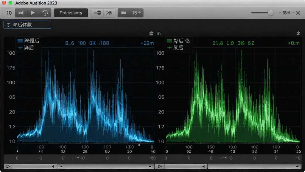 特写展示Adobe Audition 2023的频谱音高显示器界面,显示降噪前后对比,蓝色和绿色的频谱图清晰可见,界面简洁专业,中文标签,画质清晰,构图干净