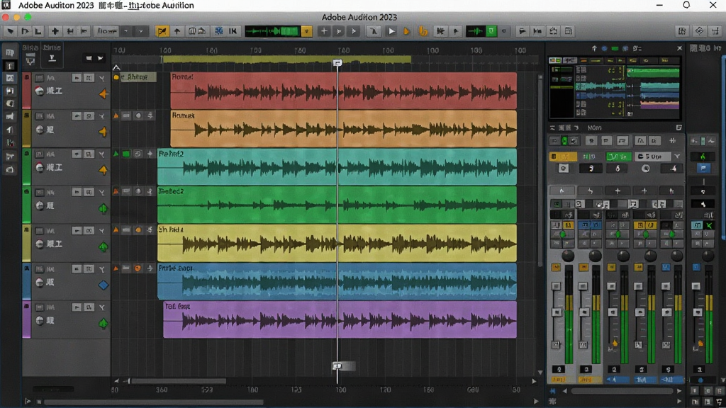 展示Adobe Audition 2023多轨混音界面,多条彩色音频波形排列在时间线上,混音器面板在右侧,界面布局专业,中文显示,画面清晰明亮,风格现代