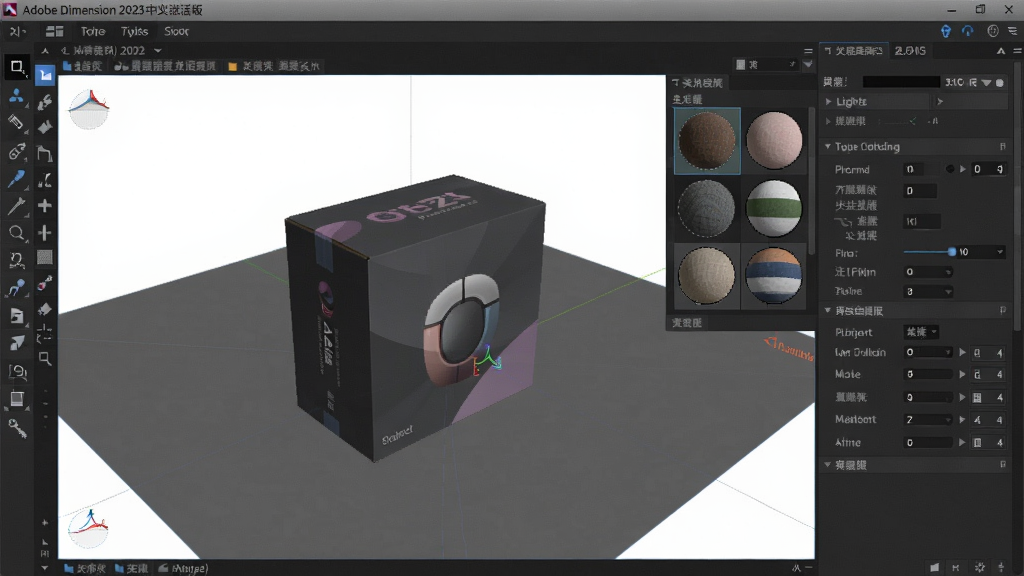 ���壺Adobe Dimension 2023���ļ�����������棬��ʾ��ά��ģ��������ʱ༭��壻���֣���๤������������ͼ�����Ҳ�������壻�Ű棺����������ͼ���������У�����ִ��Ƽ��У���ɫ���⣻ϸ�ڣ���������һ����Ʒ��װ�У�������͵ƹ�����ɼ������ʣ����壬�ɾ����޶���Ԫ��