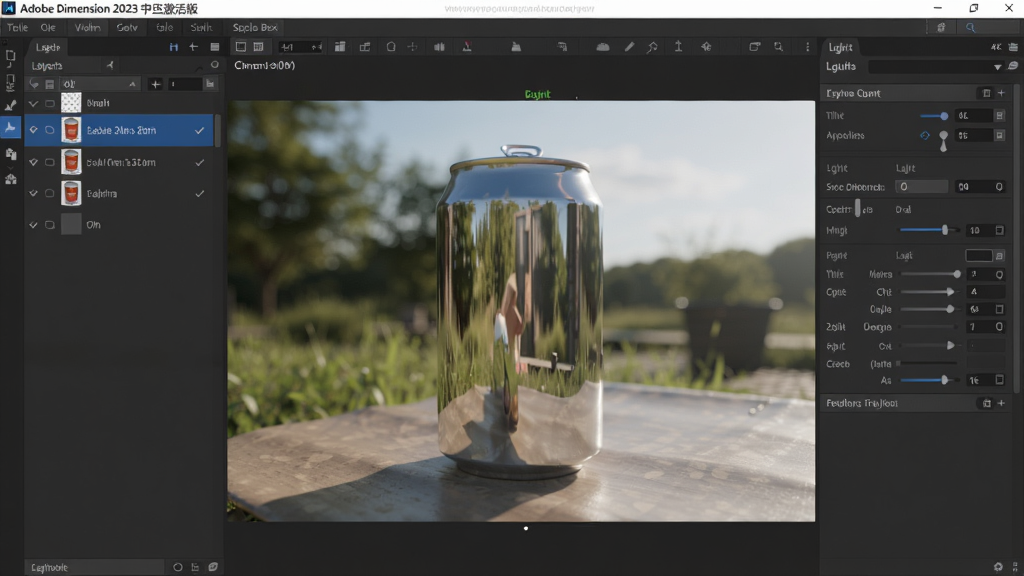 ���壺Adobe Dimension 2023���ļ���泡���ϳɽ��棬չʾһ��������ģ�ͱ����õ�һ�Ż�����Ƭ�У����֣����Ϊͼ���б����м��Ǻϳ�Ԥ�����Ҳ�Ϊ���ղ������Ű棺ͼ����ؼ����ֺ����������ʵ����Ⱦ����Ȼ���գ�ϸ�ڣ������޷�����Χ��������Ӱ����Ƭ�ںϣ����ʣ�4K���壬�ɾ����޶���Ԫ��