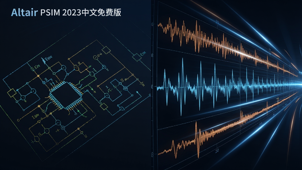 主体:Altair PSIM 2023中文免费版的高速仿真引擎概念图,以速度线条和电路波形为元素;布局:左侧是电路原理图,右侧是快速滚动的波形数据;排版:左右分栏,清晰展示仿真速度优势;风格:动感、科技感;细节:波形线条锐利,速度感线条流畅,界面中文;画质:高清,干净,无多余元素