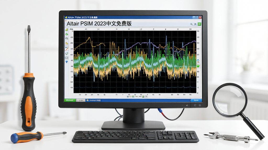 主体:一台电脑显示Altair PSIM 2023中文免费版的仿真波形,旁边有螺丝刀和放大镜,象征调试与优化;布局:电脑居中,工具围绕;排版:简洁明了;风格:写实,明亮;细节:波形清晰,工具质感真实;画质:高清,干净,无多余元素